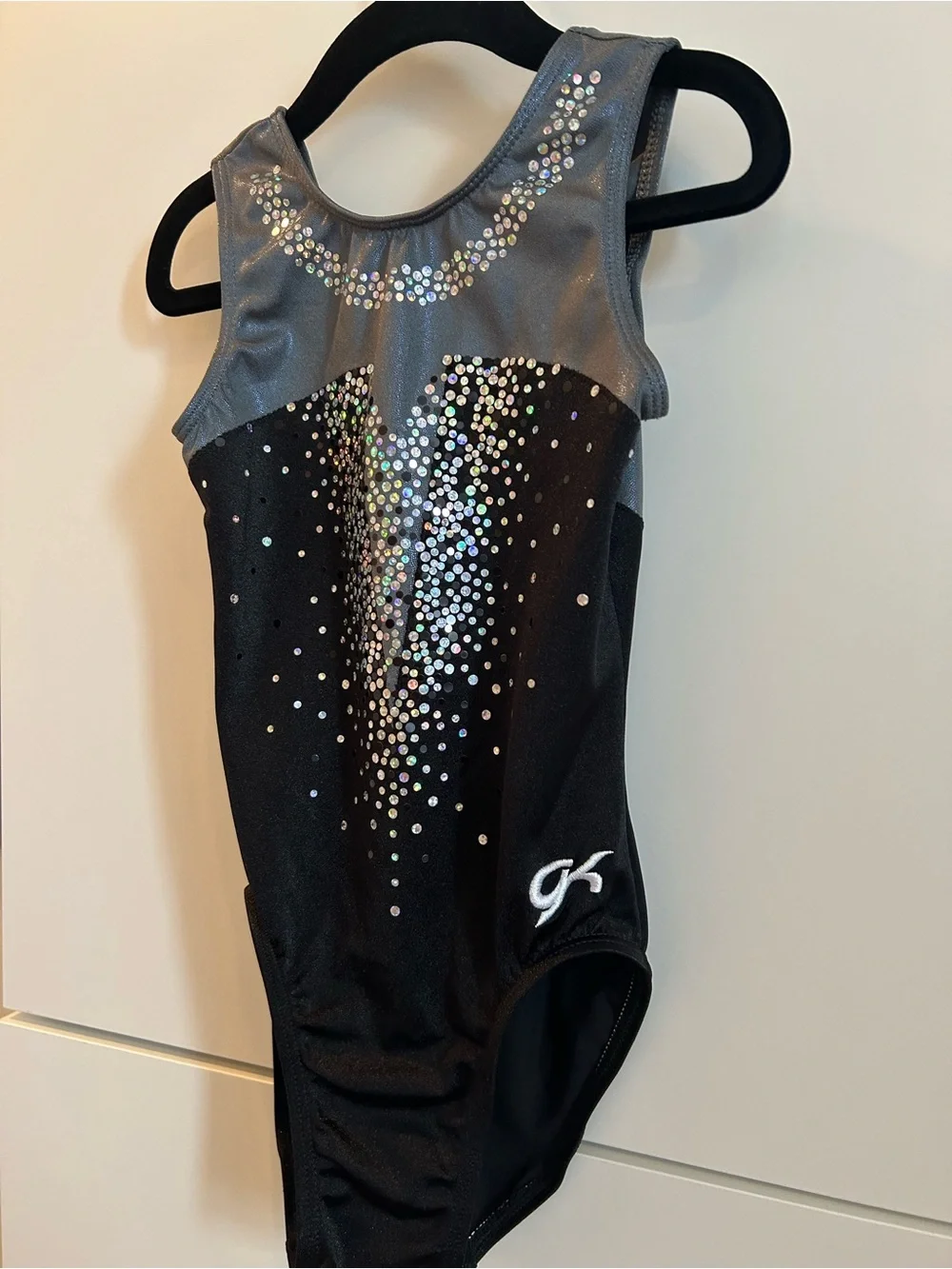 GK Girls Black and Gray Sparkle Gymnastics Dance Leotard -Size CM Child’s Medium